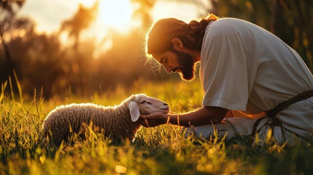 A vivid portrayal of Jesus comforting a lost sheep in a lush meadow, symbolizing the Parable of the Lost Sheep, with warm tones and gentle expressions, Christianity, forgiveness