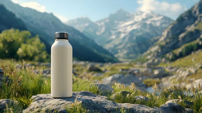 White Water Bottle Resting on a Rock in a Mountain Landscape with Green Grass and a Blurry Mountain Background