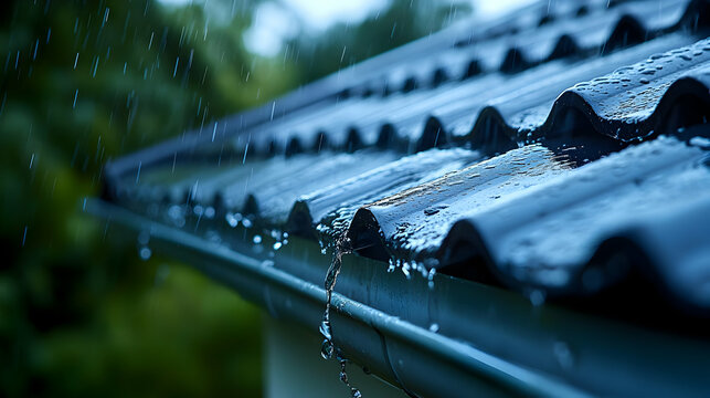 Rain Falling on Roof, Water Drops Falling From Gutter, Close Up View of Rainwater, Rain Drops on Tiled Roof, Rainstorm, Rain Water Falling, Rain Falling on Tiles, Drops of Water Falling, Rain on Rooft