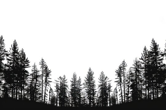 Silhouetted forest against white sky