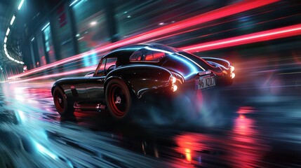 Fototapeta premium Black Sports Car in City Tunnel, Neon Lights, Speed