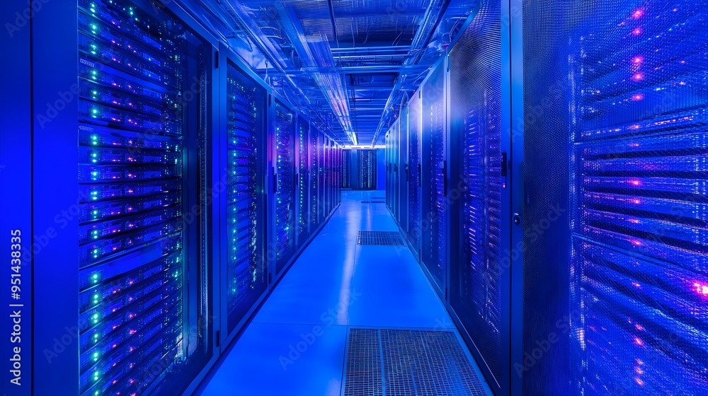 Poster photograph showcasing a high performance data center with a cluster of network switches enabling pow