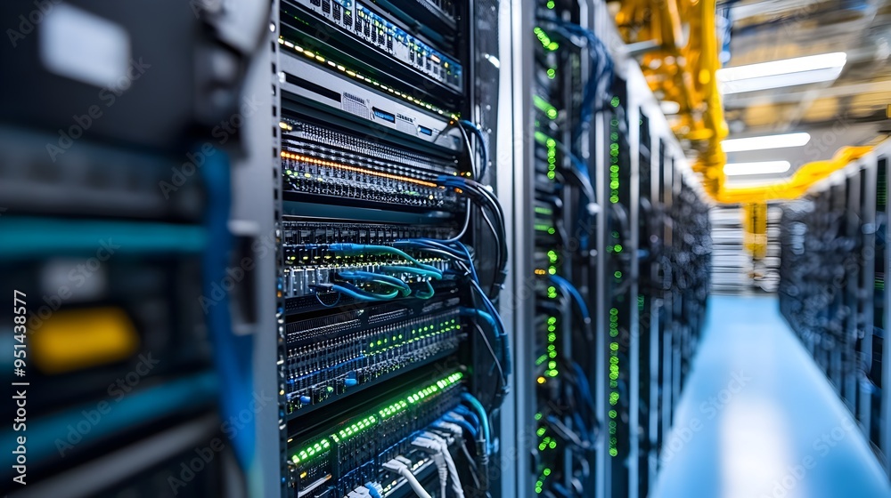 Poster Comprehensive Data Center with Efficient Networking Infrastructure Showcasing Rows of Server Racks Filled with Advanced Networking Gear and Cables Powering Digital Services and Cloud Computing