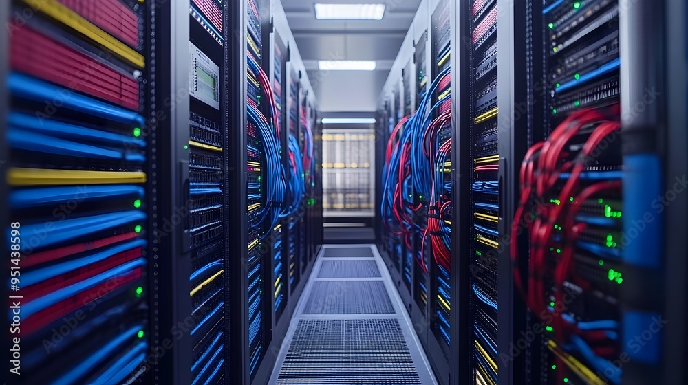 Poster organized network patch panels and structured cabling in a tidy and efficient data center infrastruc