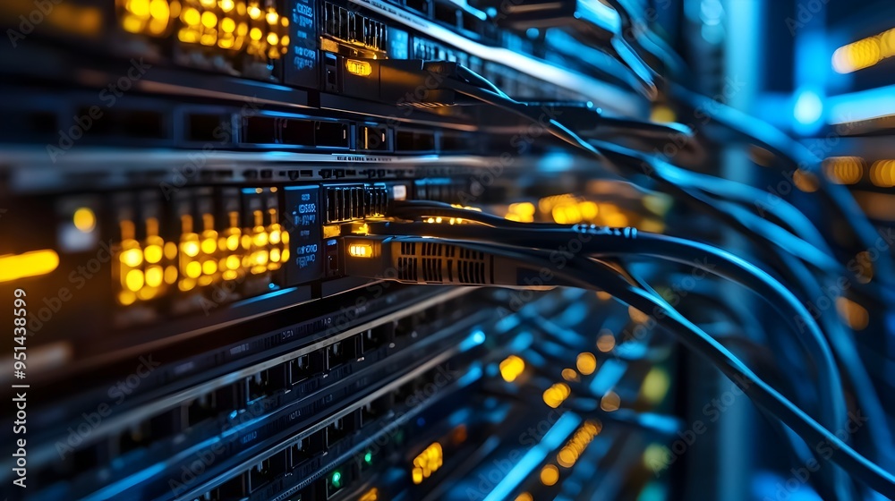 Poster organized network patch panels and structured cabling in a modern data center environment facilitati