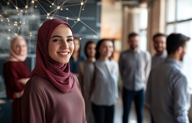 Surrounded by code and data a diverse team with a Muslim woman leading a business conference in a modern office setting with vibrant colors and technological elements