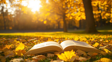 An open book on grass surrounded by autumn leaves under warm sunlight, symbolizing relaxation and mindfulness in nature therapy.