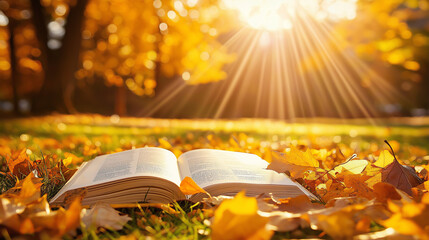 An open book on grass surrounded by autumn leaves under warm sunlight, symbolizing relaxation and...