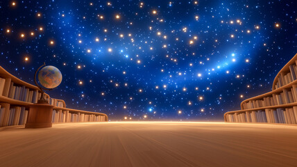 Fototapeta premium Starry Night Sky Over Wooden Floor Globe and bookshelf