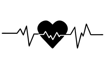 Heart beat one line. Continuous lines heart beats drawing. Wave pulse. Hand draw heartbeat. Design heartbeat for print. Black silhouette cardiogram isolated on white background