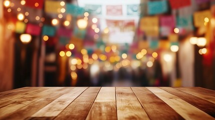 Vibrant close-up of a rainbow-striped fabric in motion blur, set against a black background with festive Mexican fiesta decorations. The scene features cinematic effects like volumetric lighting and b