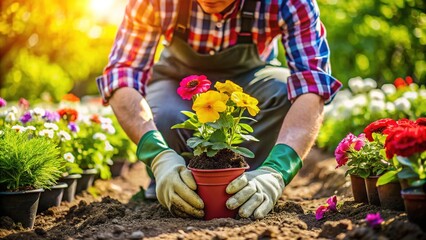 Fototapeta premium The gardener gently places a resilient flower into the fragrant soil, amidst the rustic gardening scene, where morning dew glistens on newly cultivated earth.