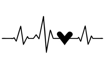 Heart beat one line. Continuous lines heart beats drawing. Wave pulse. Hand draw heartbeat. Design heartbeat for print. Black silhouette cardiogram isolated on white background