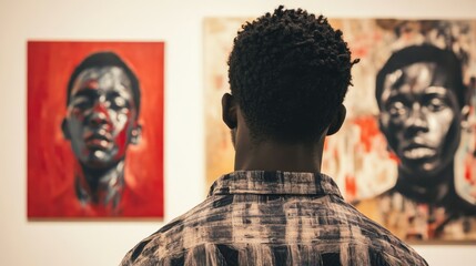 A Man Gazing at Paintings in an Art Gallery