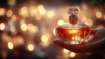 The elegance of a woman's hand as she applies a delicate fragrance from a glass bottle
