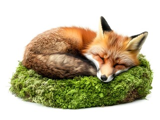Obraz premium Sleepy Fox Curled Up in Cozy Moss Covered Forest Den