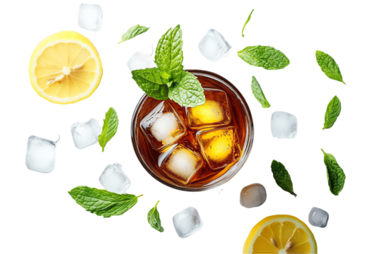 Iced Tea with Lemon and Mint: Overhead, Isolated Studio Shot