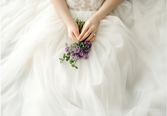 Bride holding clover and lavender bouquet, close-up of hands