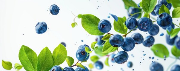 Blueberries and green leaves splashed with water droplets
