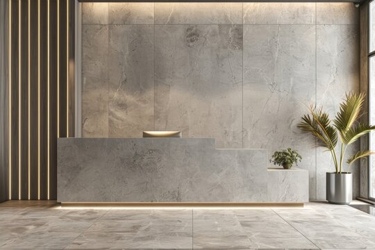 Empty concete wall mockup of reception architecture furniture flooring.