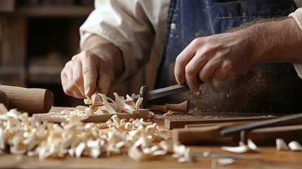 "Crafted Serenity: Master Woodworker's Artistry in a Tranquil Workshop, Carving Wood with Precision Tools"

