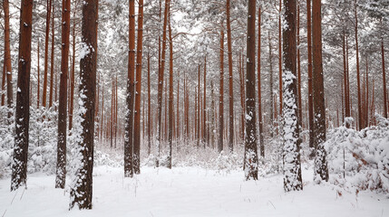 Snowy forest with tall pine trees