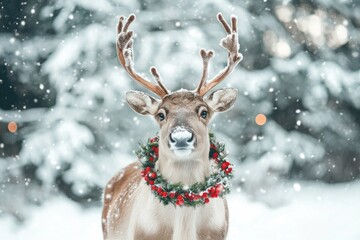 Cheerful reindeer with a wreath around its neck, standing in front of a snowy forest