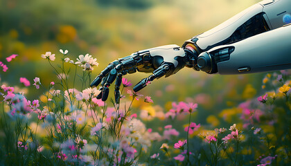 Robot hand picking flowers in wild flower field. Robotic and nature coming together. Copy space. AI futuristic robot and Earth