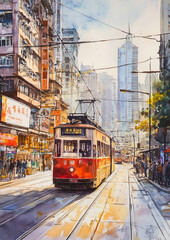 Fototapeta premium Watercolor painting of a tram