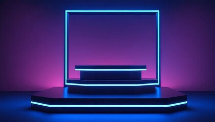 Bright neon Sale sign on round pedestal or platform with a neon frame illuminated by spotlights. Signboard sales on a background of realistic 3D podium.13