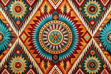 Vibrant, intricate Native American pattern featuring bold, geometric shapes, swirling spirals, and majestic eagle feathers, evoking the rich cultural heritage of the Navajo nation.