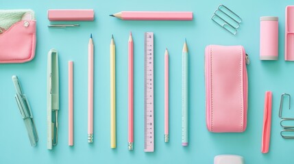 Pastel Colored School Supplies on a Blue Background