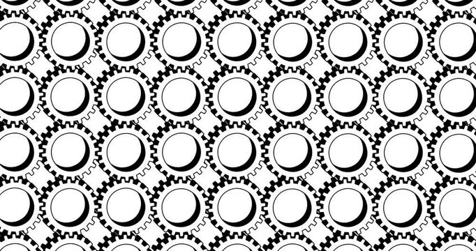 Background of black and white linear cogs. Dynamic  cartoon business animated elements working in motion. Multi part machine. Inear seamless loop good for business metaphor.