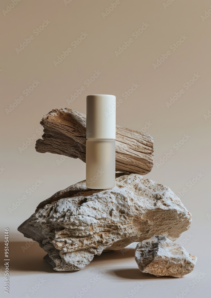 Wall mural Sunscreen stick packaging mockup rock wood cosmetics.