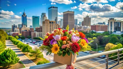 Fototapeta premium Vibrant blooms harmonize with Raleigh's urban landscape, a bouquet of flowers landing on a doorstep amidst the city's steel skyscrapers and concrete streets.