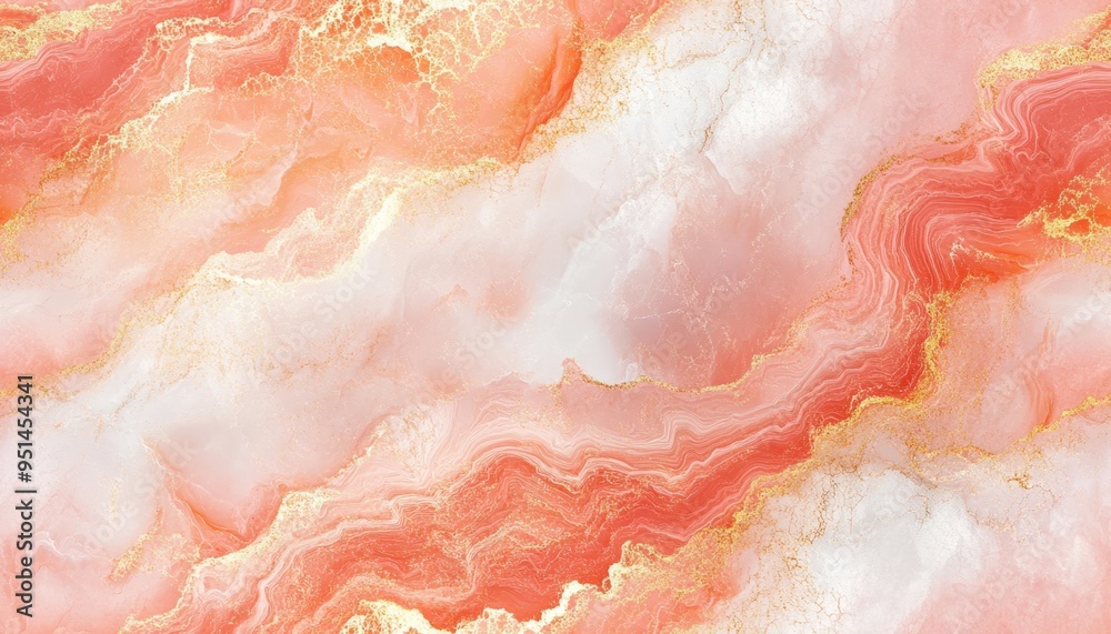 Sticker Seamless abstract marble in soft coral with subtle gold veins, [Abstract Background Marble], [Warm and luxurious]