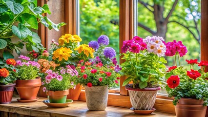 Vibrant blooms and lush greens fill flower pots placed on a cozy home windowsill, bringing a splash of nature and color to the interior space.