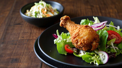 Delicious crispy fried chicken served on a black plate with salad.