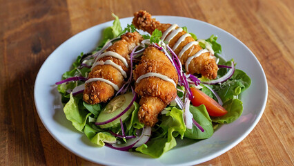 Delicious crispy fried chicken served on a white plate with salad.