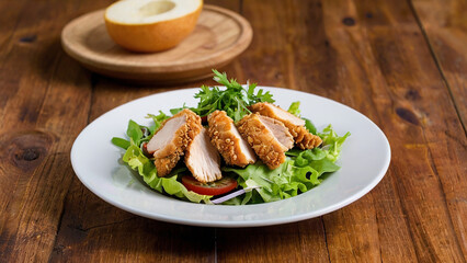 Delicious crispy fried chicken served on a white plate with salad.