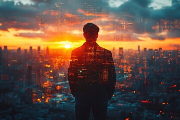 Fototapeta premium The double exposure image of the business man standing back
