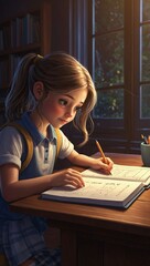 Girl Doing Homework Cartoon-style vector of a cute girl doing her homework.