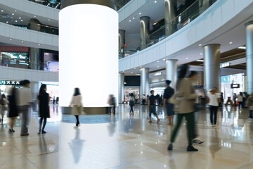 Fototapeta premium Blank cylinder mockup indoor shopping mall indoors people accessories.