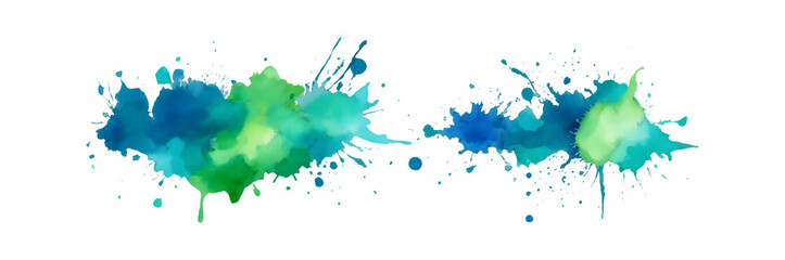 Watercolor Blue and Green Splashes Isolated on Transparent Background, Artistic Paint Splatter Illustration