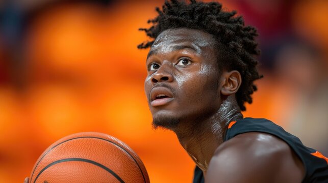 A student athlete releases the basketball while concentrating on scoring during the game