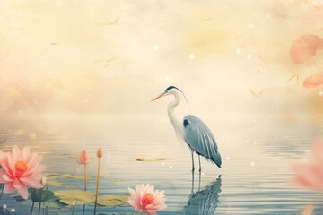 Naklejka premium Heron on a calm lake outdoors animal nature.