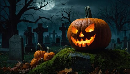 Halloween Festival Craved Pumpkin jack-o-lantern in spooky Graveyard