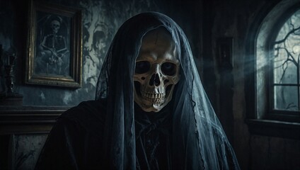 Scary Skeleton Closeup inside Dark Haunted House