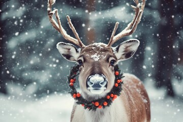 Cheerful reindeer with a wreath around its neck, standing in front of a snowy forest