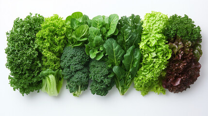 Assorted leafy greens on a white background. 